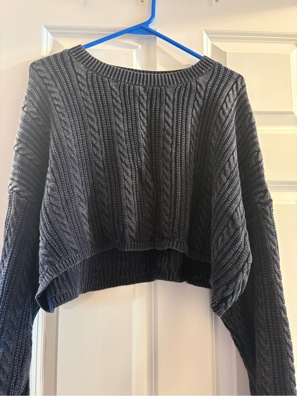 Cropped Cable Knit Crewneck Sweater in Dark Gray